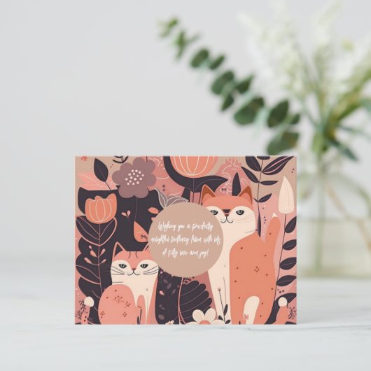 Roze Boho Cats and Flowers Birthday Briefkaart (Staand voorkant)