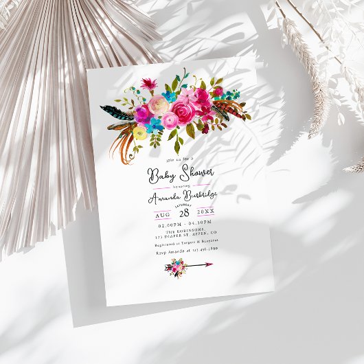 Roze Boho Chic Bloemachtige Baby Shower Kaart