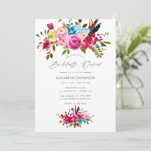 Roze Boho Chic Floral Bachelorette Weekend Kaart (Staand voorkant)