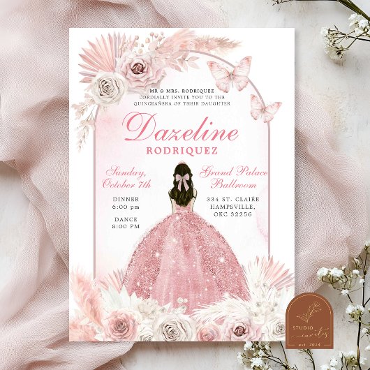 Roze Boho Chic Quinceanera Kaart