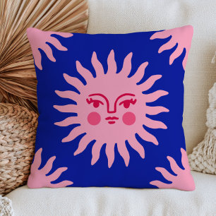Roze BOHO Chic Zon Gezicht op Mysterieuze Navy Bla Kussen