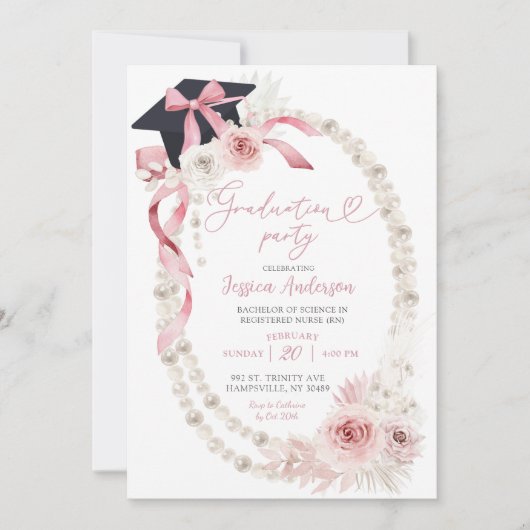 Roze Boho Coquette Bow Pearl Graduation Party Kaart (Voorkant)