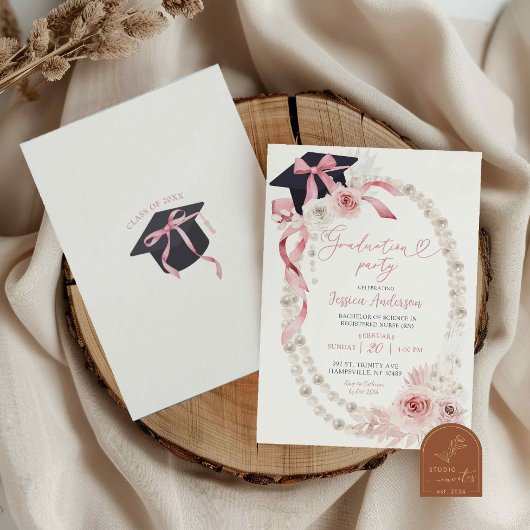 Roze Boho Coquette Bow Pearl Graduation Party Kaart