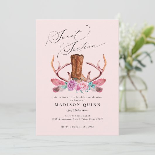Roze Boho Cowgirl Sweet Sixteen Birthday Kaart (Staand voorkant)