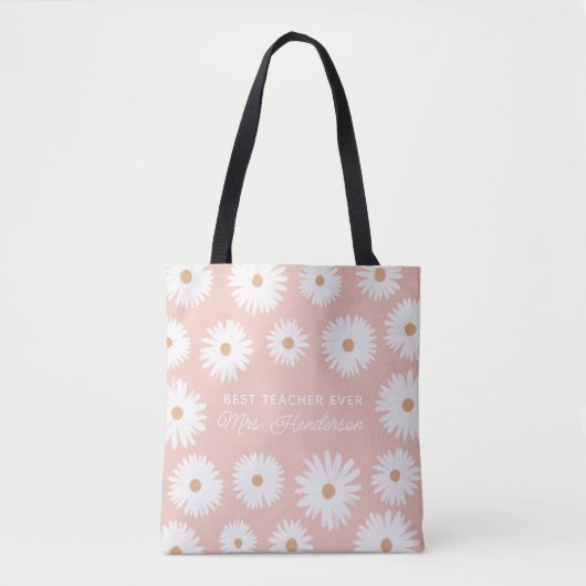 Roze Boho Daisy Best Teacher Ever Tote Bag (Voorkant)