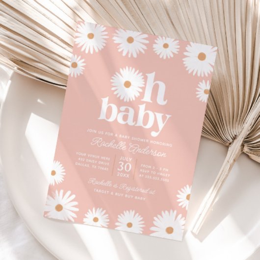 Roze Boho Daisy Floral Girl Baby shower Uitnodigin Kaart