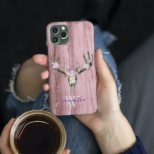 Roze Boho Deer Skull Floral Monogram Chic Case-Mate iPhone Case