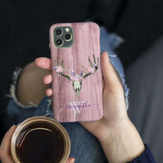 Roze Boho Deer Skull Floral Monogram Chic Case-Mate iPhone Case