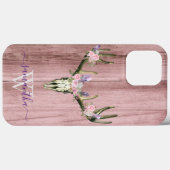 Roze Boho Deer Skull Floral Monogram Chic Case-Mate iPhone Case (Achterkant (horizontaal))