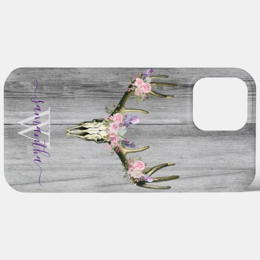 Roze Boho Deer Skull Floral Monogram Chic Hoesje M (Achterkant (horizontaal))