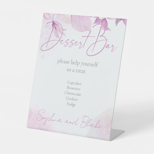 Roze Boho Dessert Bar Bruiloft Pedestal Sign Reclamebord Met Voetstuk (Voorkant)