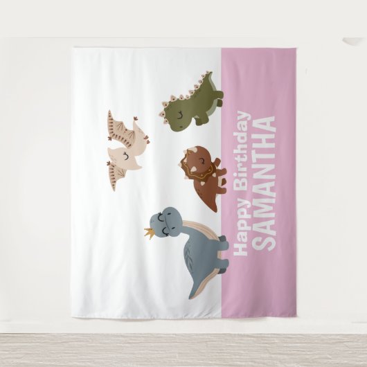 Roze Boho Dinosaur achtergrond Wandkleed (Voorkant)