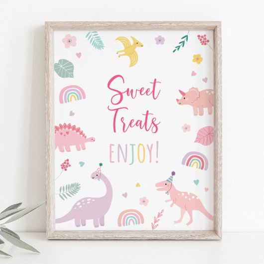 Roze Boho Dinosaurus Sweet Treats Verjaardagsteken Poster
