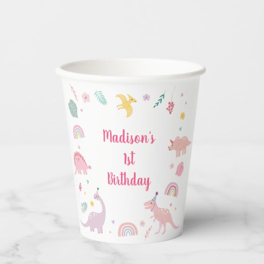 Roze Boho Dinosaurus Verjaardag Papieren Bekers (Voorkant)