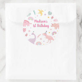 Roze Boho Dinosaurus Verjaardag Ronde Sticker