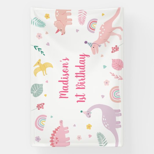 Roze Boho Dinosaurus Verjaardag Spandoek (Verticaal)