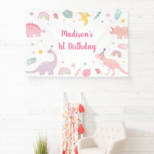 Roze Boho Dinosaurus Verjaardag Spandoek (Insitu)
