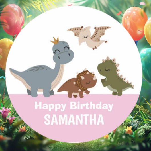Roze Boho Dinosaurus Verjaardagsfeest Ronde Sticker