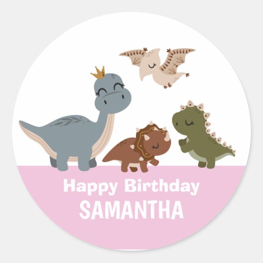 Roze Boho Dinosaurus Verjaardagsfeest Ronde Sticker (Voorkant)