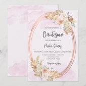 Roze Boho doop uitnodiging voor meisje (Voorkant / Achterkant)