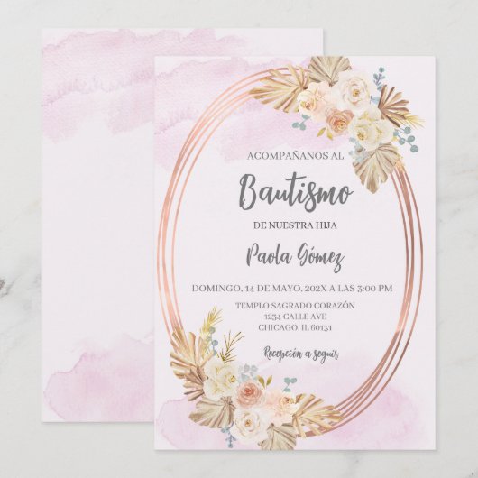 Roze Boho doop uitnodiging voor meisje (Voorkant / Achterkant)