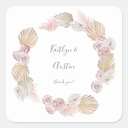 Roze Boho & Dried Palm Floral Hartelijk dank Vierkante Sticker (Voorkant)