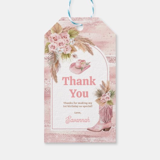 Roze Boho eerste Rodeo 1e verjaardag Cadeaulabel (Achterkant)
