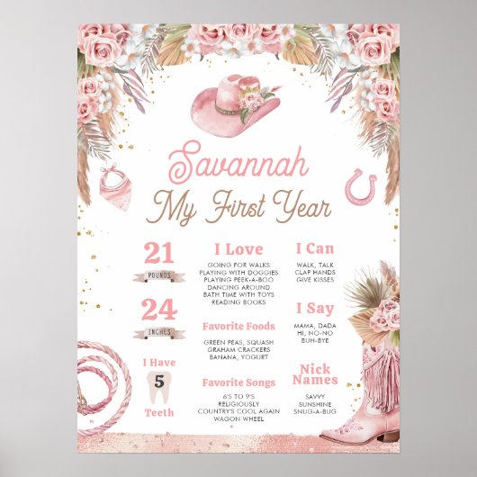 Roze Boho Eerste Rodeo 1e Verjaardag Milestone 18x Poster (Voorkant)