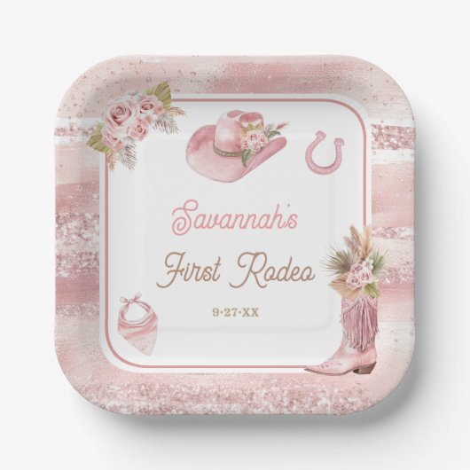 Roze Boho eerste Rodeo 1e verjaardag Papieren Bordje (Voorkant)