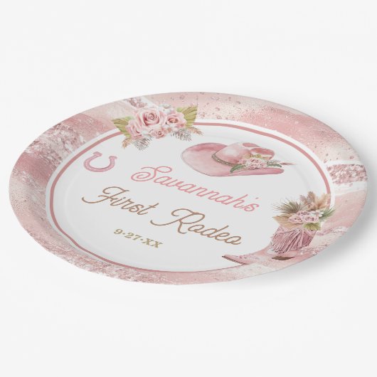 Roze Boho eerste Rodeo 1e verjaardag Papieren Bordje (Gekanteld)