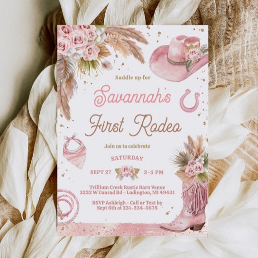 Roze Boho eerste Rodeo 1e verjaardag uitnodiging