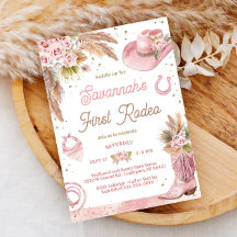 Roze Boho eerste Rodeo 1e verjaardag uitnodiging