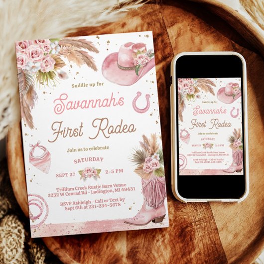 Roze Boho eerste Rodeo 1e verjaardag uitnodiging
