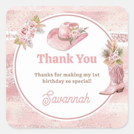 Roze Boho eerste Rodeo 1e verjaardag Vierkante Sticker (Voorkant)