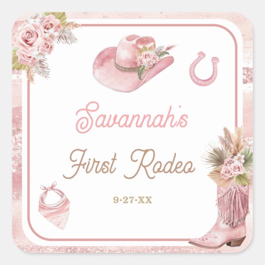 Roze Boho eerste Rodeo 1e verjaardag Vierkante Sticker (Voorkant)