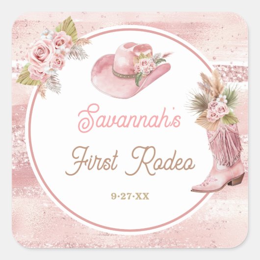 Roze Boho eerste Rodeo 1e verjaardag Vierkante Sticker (Voorkant)