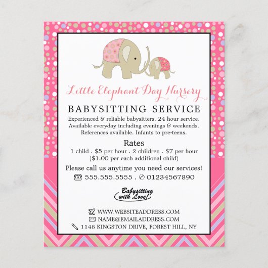 Roze Boho Elephant, Babysitter, Daycare, Nursery Flyer (Voorkant)