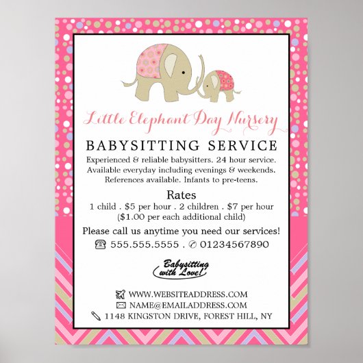 Roze Boho Elephant, Babysitter, Daycare, Nursery Poster (Voorkant)