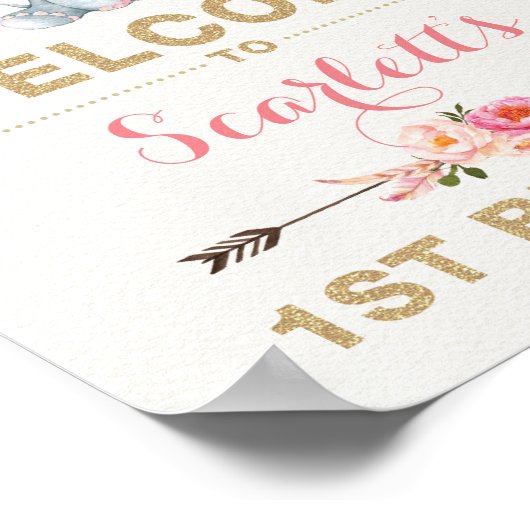 Roze Boho Elephant First Birthday Welcome Sign Poster (Hoek)