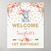 Roze Boho Elephant First Birthday Welcome Sign Poster (Voorkant)