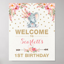 Roze Boho Elephant First Birthday Welcome Sign Poster