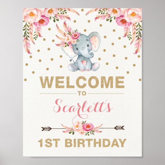 Roze Boho Elephant First Birthday Welcome Sign Poster (Voorkant)