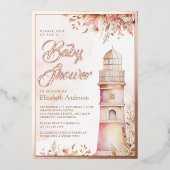 Roze Boho Floral Baby shower Roos Gold Folie Uitnodiging (Voorkant)
