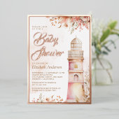 Roze Boho Floral Baby shower Roos Gold Folie Uitnodiging (Staand Voorkant)
