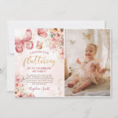 Roze Boho Floral Butterfly Baby shower Foto Bedankkaart (Voorkant)