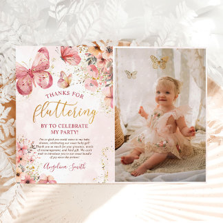 Roze Boho Floral Butterfly Baby shower Foto Bedankkaart