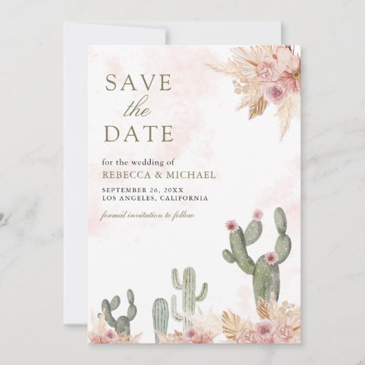 Roze Boho Floral Pampas Cactus Fotobruiloft Save The Date (Voorkant)