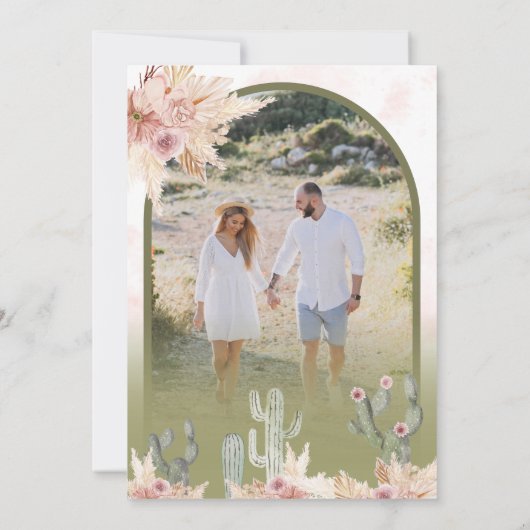 Roze Boho Floral Pampas Cactus Fotobruiloft Save The Date (Achterkant)