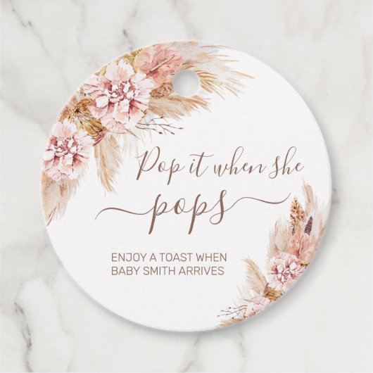 Roze Boho Floral Pampas Grass Pop hem als ze Pop Bedankjes Labels (Voorkant)