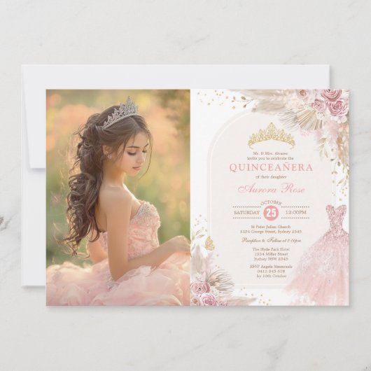 Roze Boho Floral Quinceañera 15e verjaardag Foto Kaart (Voorkant)